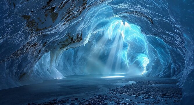 Ice cave with blue light reflections and rocky floor in glacier  