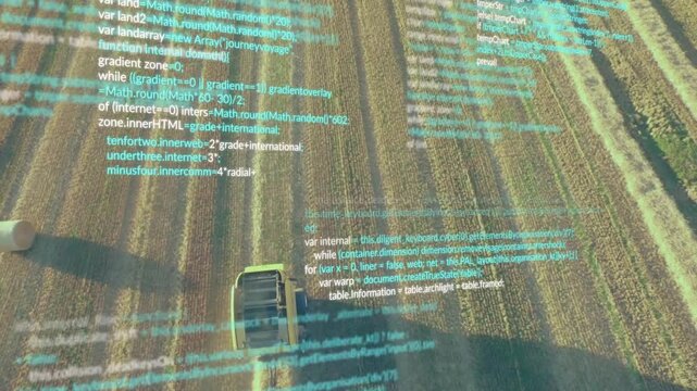 Code snippets floating initiating overlay as harvester moving through rows visualizing algorithm
