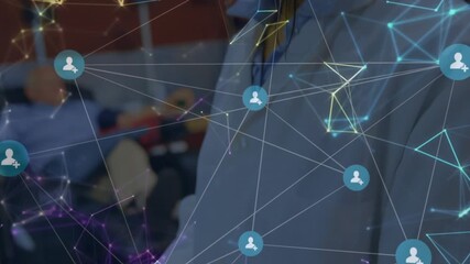 Medical researcher tapping touchscreen device and visualizing user network forming around head