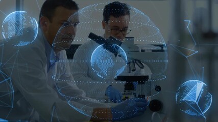 Lab scientists positioning microscope slide and causing rotating network globe for data analysis - Powered by Adobe