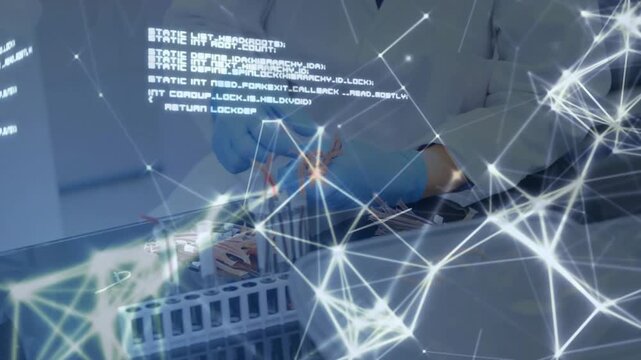 Reaching rack, gloved hands grabbing tube and moving liquid under overlay, showing data integration