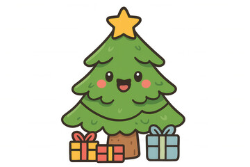 Naklejka premium Cute christmas tree character with star and presents, celebrating winter holidays, transparent background