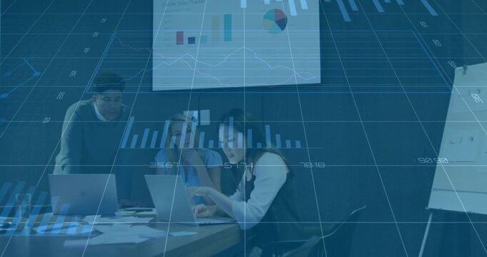 Asian woman gesturing laptop screen, initiating grid overlay, team analyzing charts in business