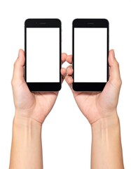 Two hands holding blank-screen smartphones (1)