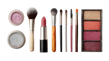 Flatlay of Makeup Items Arranged in Radial Composition on White Background