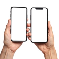 Two hands holding blank smartphones