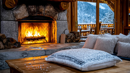 Fototapeta premium Cozy Living Room with Fireplace and Snow Outside Window