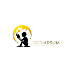 logo of a child learning to read under the moonlight, education logos