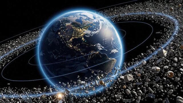Earth half sunlit and half aglow with urban lights is encircled by multiple luminous blue orbital paths These are densely packed with varied space debris including discarded satellites and irregular f