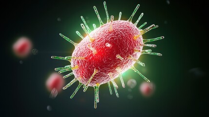 Red Microbe Surrounded by Green and Yellow Elements in Fluid Background