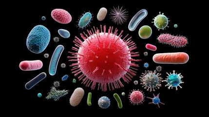 Central Red Microbe Surrounded by Iridescent Metallic Shapes