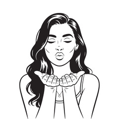 Beautiful Woman Blowing Kiss Vector Line Art