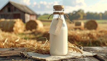 Fresh milk bottle from local farm, perfect for healthy lifestyle ads or dairy promotions in a rustic setting with barn and hay bales creating warmth