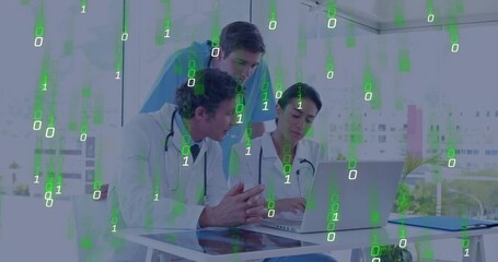 Three doctors reviewing patient records at desk initiating green binary overlay and analyzing data - Powered by Adobe
