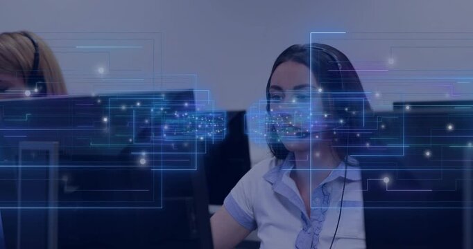 Female agent focusing on monitor and handling call in call center with data overlays pulsing - Powered by Adobe