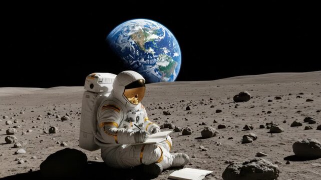 astronaut in white and gold suit sits on the lunar surface writing in book Earth looms large in the dark starry sky above the rocky cratered landscape distant blue marble