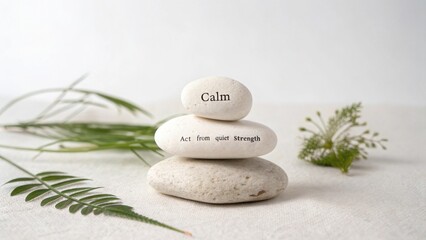 Stack of white stones labeled Calm conveying inner peace
