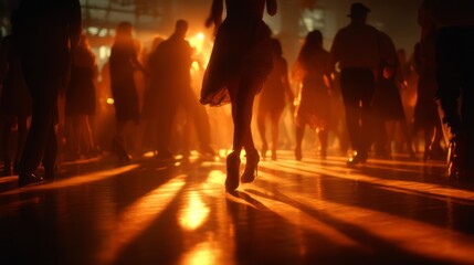 Silhouetted Figures Dancing in Warm Glowing Light at a Lively Event