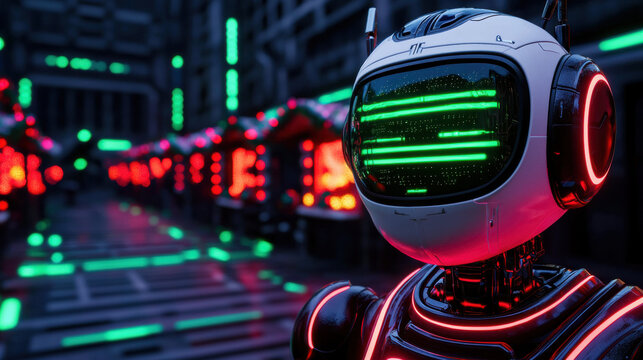 Futuristic robot with glowing faceplate stands in neon lit cyberpunk Christmas market, vibrant lights create festive, high tech atmosphere