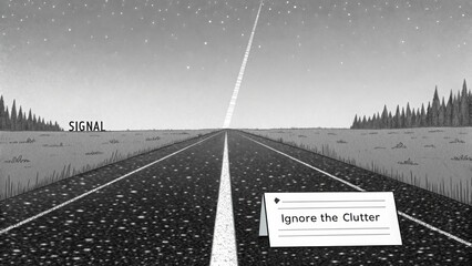 Monochrome highway with a straight line and light heading upwards