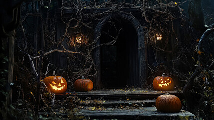 Spooky Haunted Pumpkin Steps ,  A perfectly spooky and atmospheric Halloween scene! This image features a creepy, vine-covered old cabin entrance at night, dimly lit by glowing Jack-O'-Lanterns sittin
