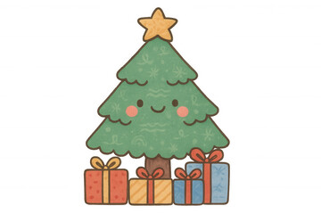 Naklejka premium Cute christmas tree character with presents at its base, celebrating holiday season with joy