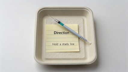 Syringe in shallow tray with handwritten direction notes