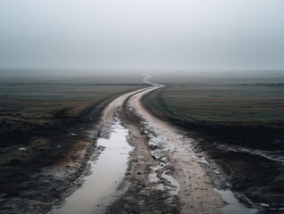 Muddy road during flood with overcast sky, nature background, muted colors
