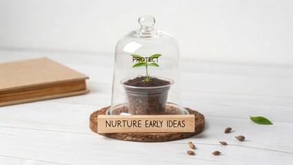 Young plant growing inside a glass bell jar and wooden base