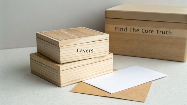 Wooden boxes stacked on a surface with paper and label