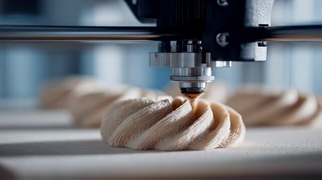Closeup of a 3D printer delicately layering dough to create intricate croissant shapes with soft background blur emphasizing precision craftsmanship