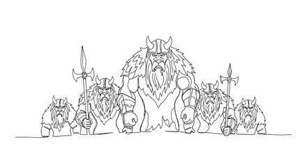 Obraz premium Line Art Viking Warriors Group Illustration Brave Nordic Mythology Adventure