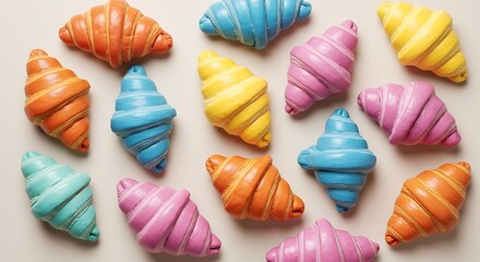 Colorful croissants arranged on a neutral background