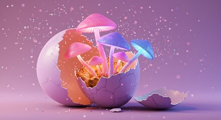 Magical mushrooms growing from a cracked eggshell with a vibrant, dreamy glow.