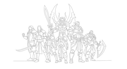 Obraz premium Line Art Depiction of a Fantasy Warrior Group Standing Together Courageously