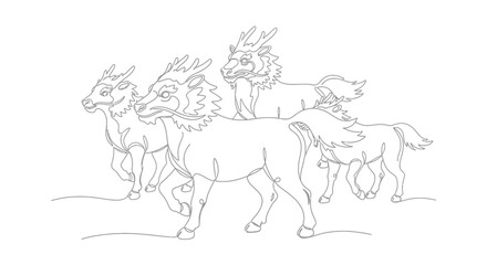 Elegant Line Art A Herd of Mythical Deer Grazing in a Snowy Landscape
