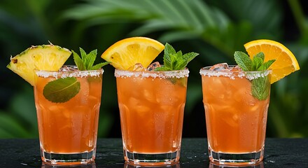 Refreshing tropical cocktails with fruit garnishes and mint leaves.