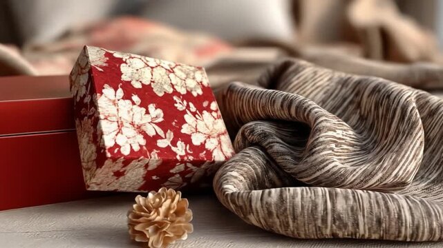 Red gift box with floral pattern