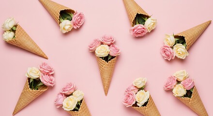 Floral ice cream cones on a pink background