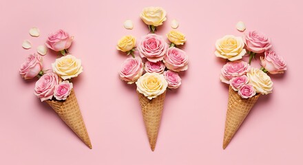 Floral ice cream cones on pink background