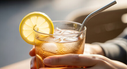 A refreshing glass of iced tea with a lemon slice and metal straw, held by hands, symbolizing summer refreshment and ecofriendly choices