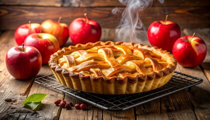 Golden Apple Pie Surrounded by Fresh Fruit on a Rustic Wooden Surface