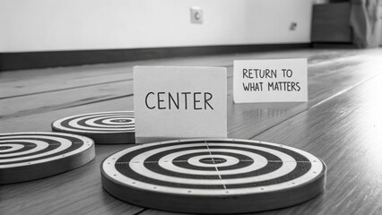 Concentric rings with center focus concept on wooden floor