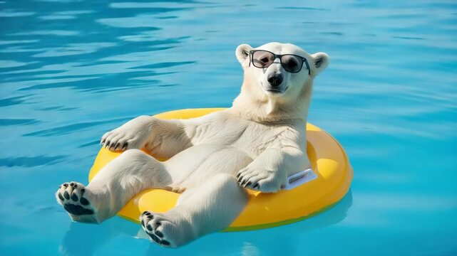 cool polar bear wearing black sunglasses relaxes in vibrant blue pool floating comfortably on bright yellow inflatable ring under sunny skies Its paws are visible enjoying the water
