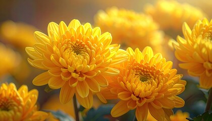 Radiant Yellow Chrysanthemums Blooming in Warm Sunlight with Soft Bokeh Background Nature Photography Close Up Floral Art Decorative Natural Splendor