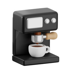 3D Render of Black Coffee Machine with White Cup on Transparent Background Minimalist Home Appliance for Beverage Preparation with Wooden Handle