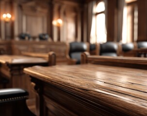 Detailed close-up of a wooden table top in a grand hall.