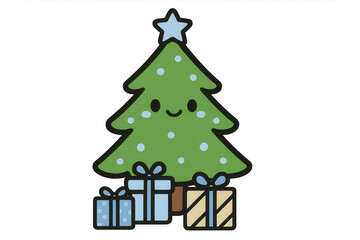 Fototapeta premium Kawaii christmas tree character with star topper and festive gifts, celebrating happy winter holiday