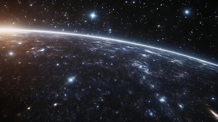 View of Distant Planet in Deep Space with Bright Starfield , A dramatic and high-resolution CGI illustration of a planet seen from space, with a faint glow of light wrapping around its dark curve, sug