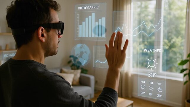 Smart glasses show floating charts. Smart glasses track gestures, smart glasses turn living room into digital board. Concept of augmented workspace.